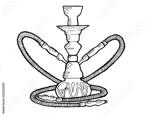 Shisha, hookah hand drawn doodle vector.Illustration isolated on white foe hookah bar or lounge. vector illustration of hookah with smoking pipe, hubble bubble, oriental bar.
