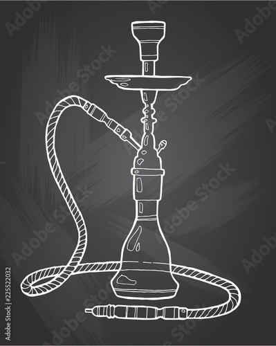 Shisha, hookah hand drawn doodle vector .Illustration isolated on chalkboard for hookah bar or lounge. vector illustration of hookah with smoking pipe, hubble bubble, oriental bar.