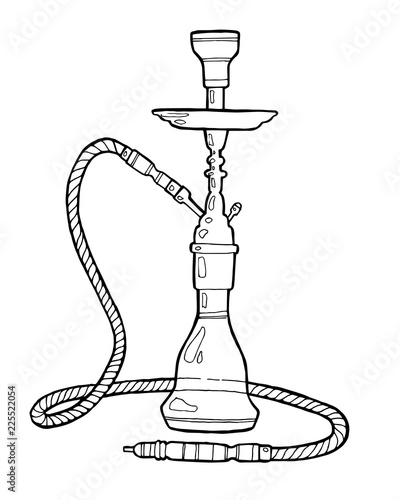Shisha, hookah hand drawn doodle vector.Illustration isolated on white foe hookah bar or lounge. vector illustration of hookah with smoking pipe, hubble bubble, oriental bar.