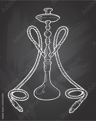 Shisha, hookah hand drawn doodle vector .Illustration isolated on chalkboard for hookah bar or lounge. vector illustration of hookah with smoking pipe, hubble bubble, oriental bar.