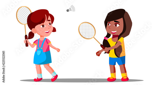 Children Playing Badminton On The Playground In Summer Vector. Girls. Isolated Illustration