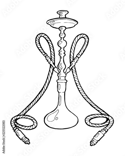 Shisha, hookah hand drawn doodle vector.Illustration isolated on white foe hookah bar or lounge. vector illustration of hookah with smoking pipe, hubble bubble, oriental bar.