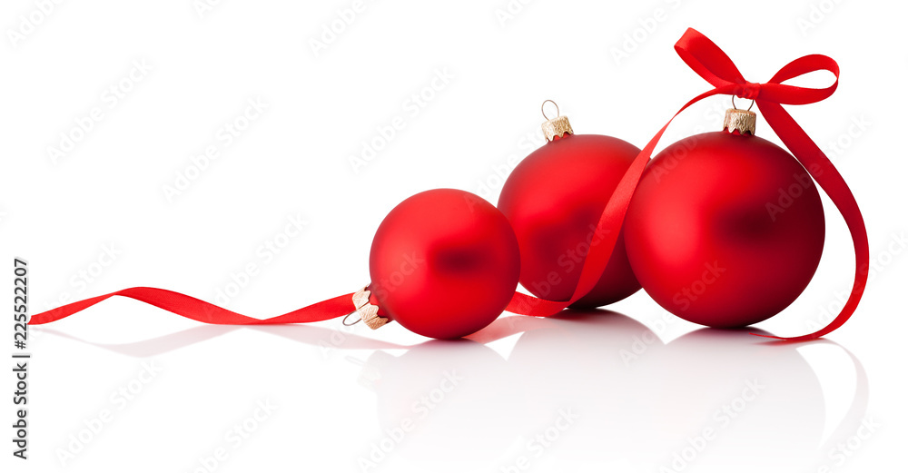 Three red Christmas decoration baubles with ribbon bow isolated on white background - obrazy, fototapety, plakaty 