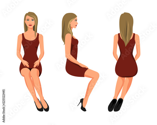 Vector illustration of three sitting girl in red dress under the white background. Cartoon realistic  people illustration. Flat young woman. Front view girl, Side view girl, Back side view girl photo