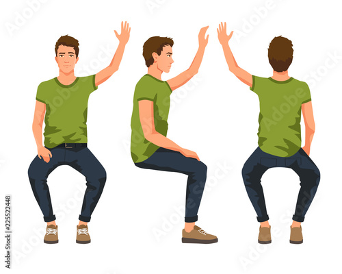 Vector illustration of three sitting men with hand up in casual clothes.Cartoon realistic people illustartion. Flat young man. Front view man, Side view man, Back side view man