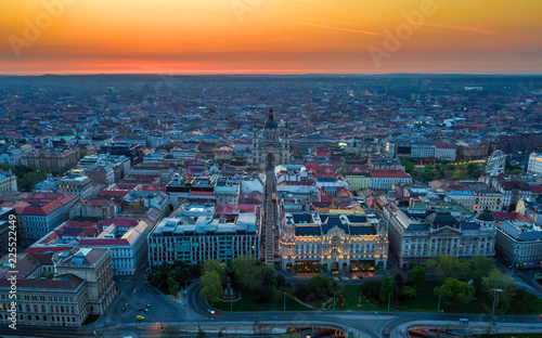 Budapest, Hungary - Aerial panoramic skyline view of Budapest with the famous St.Stephen's Basilica (Szent Istvan Bazilika) at sunrise