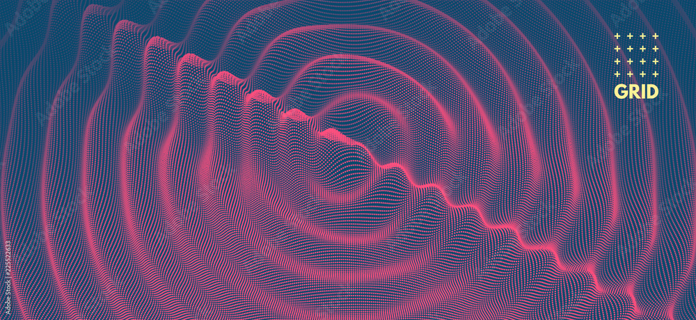 3D wavy background with ripple effect. Vector illustration with particle. 3D grid surface.