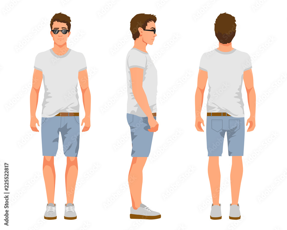Vector illustration of three men in casual summer clothes. Cartoon  realistic people  young man in a light T-shirt, denim  shorts and sneakers. Front view, Side view, Back side view man Stock