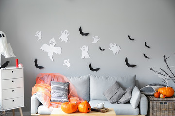 Interior of room decorated for Halloween