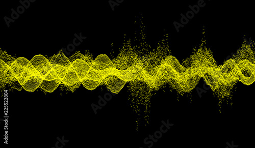 Sound waves. Dynamic effect. Vector illustration with particle. 3D grid surface.