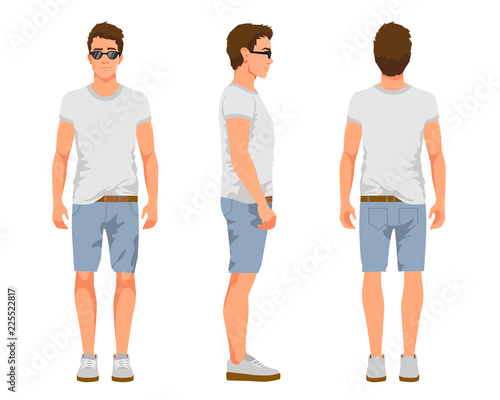 Vector illustration of three men in casual summer clothes. Cartoon realistic people illustartion.Flat young man in a light T-shirt, denim shorts and sneakers. Front view, Side view, Back side view man