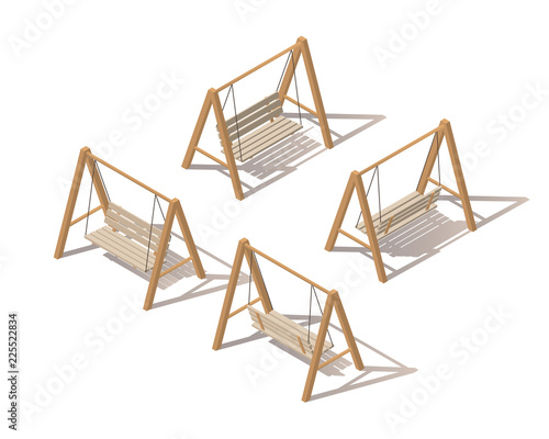 Outdoor garden wooden hanging on frame porch swing bench furniture with ropes isolated on white background. Isometric vector illustration. Isometric swing