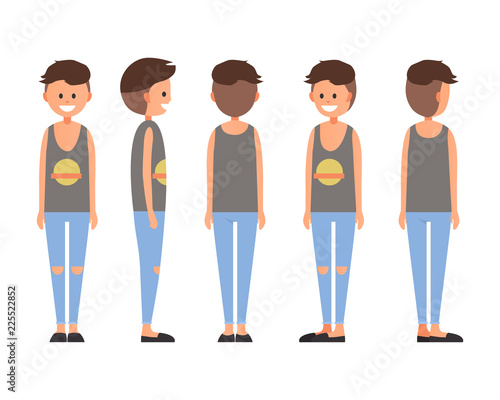 Front, side, back view animated character. Designer character creation set with various views. Cartoon style, flat vector illustration of smiling teenage boy with short hair in casual clothes.