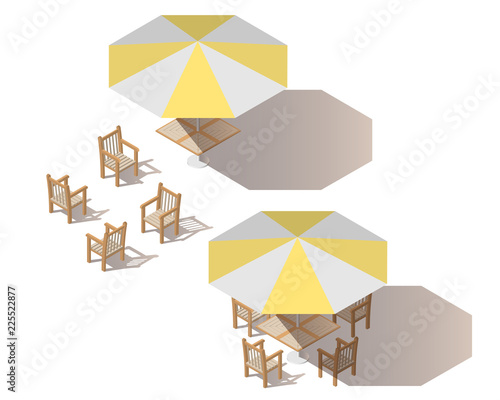 Isometric yellow umbrella with empty table and chairs.