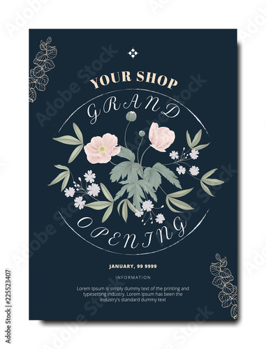 Botanical grand opening invitation card template design, pink anemone flowers with leaves on dark blue background, vintage style