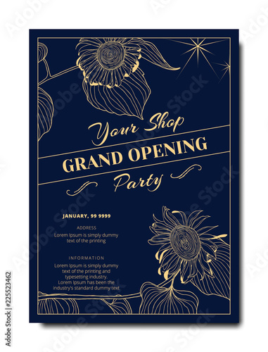 Botanical grand opening invitation card template design, yellow line art ink drawing sunflower with leaves on dark blue background, vintage style