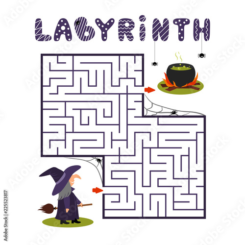 Square labyrinth with witch and cauldron on white background. Children maze. Game for kids. Children puzzle for halloween. Help the witch find the way to the cauldron.