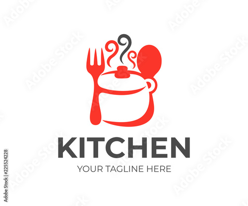 Kitchen, kitchenware, saucepan, fork and spoon logo design. Cooking eat, food and restaurant, vector design and illustration