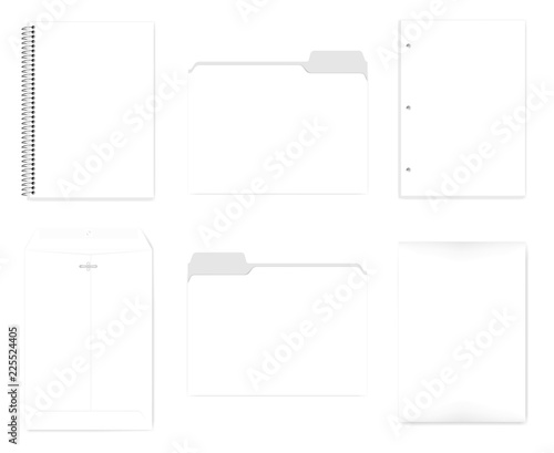 Notebook, file folder, hole punched paper, envelop - A4 set mockup