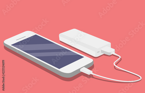 Smartphone USB cable connected with external power bank
