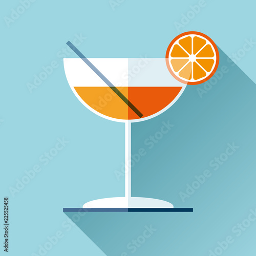 Glass for vermouth icon in flat style, wineglass on color background. Alcohol cocktail with lemon and straw. Vector design elements for you business project 