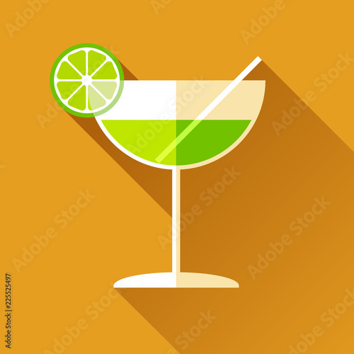 Glass for vermouth icon in flat style, wineglass on color background. Alcohol cocktail with lime and straw. Vector design elements for you business project 