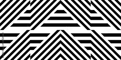 Seamless pattern with striped black white straight lines and diagonal inclined lines (zigzag, chevron). Optical illusion effect, op art. Vector vibrant decorative background, texture.