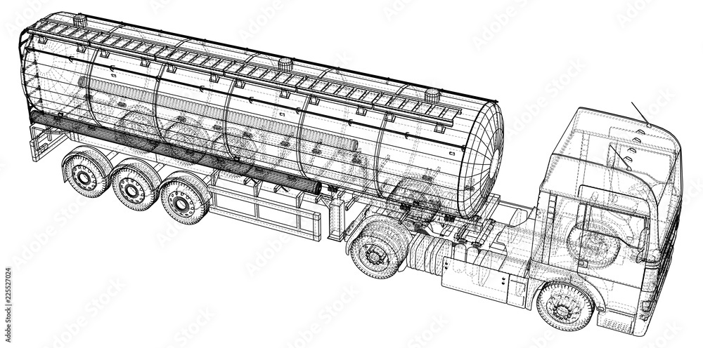 Gasoline tanker, Oil trailer, truck on highway. Automotive fuel tankers shipping fuel. Tracing illustration of 3d. EPS 10 vector format isolated on white