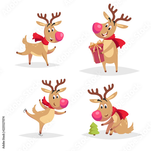 Cartoon reindeers with big noses and red scarfs set. Dancing, taking a red gift box, skated and looking on little fir tree. Christmas and winter comic characters. Vector illustrations.