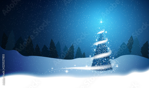  Christmas tree, blizzard, stars, snow,  sky, night, wood, blue background for New Year project. Winter background © assistant