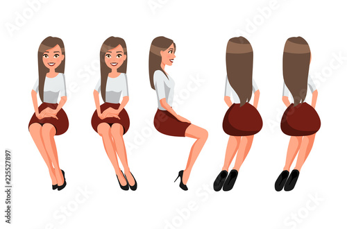 Vector illustration of sitting woman in red skirt and a white blouse under the white background. Cartoon realistic  people illustration.Flat young woman. Front view girl,Side view , Back side 