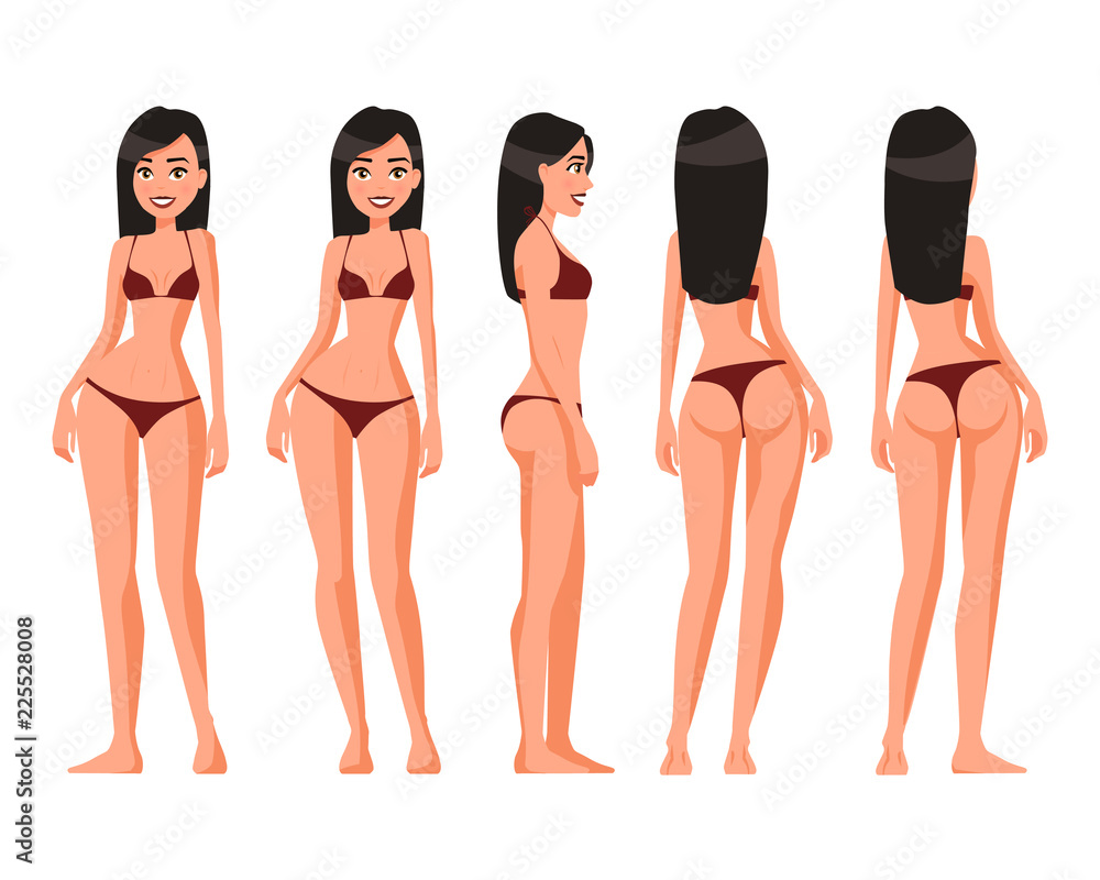 Vector illustration of women in underwear on the white background.Vector  cartoon realistic people illustration. Flat young woman. Front view girl,  Side view, Back side view , Isometric view. Slim girl Stock Vector