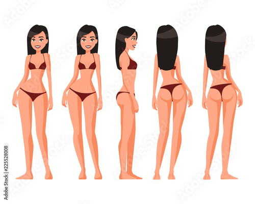 Vector illustration of women in underwear on the white background.Vector cartoon realistic people illustration. Flat young woman. Front view girl, Side view, Back side view , Isometric view. Slim girl