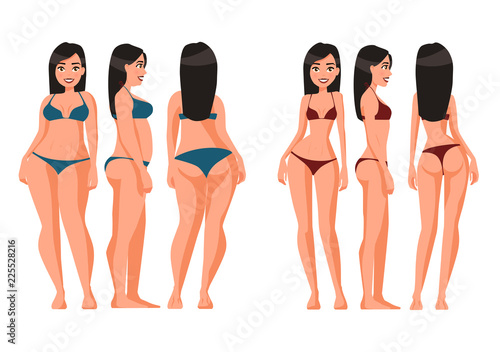 Vector illustration of fat and slim women in underwear. Vector cartoon realistic people illustration. Flat young woman. Front view girl,Side view, Back side view , Isometric view. Losing weight.