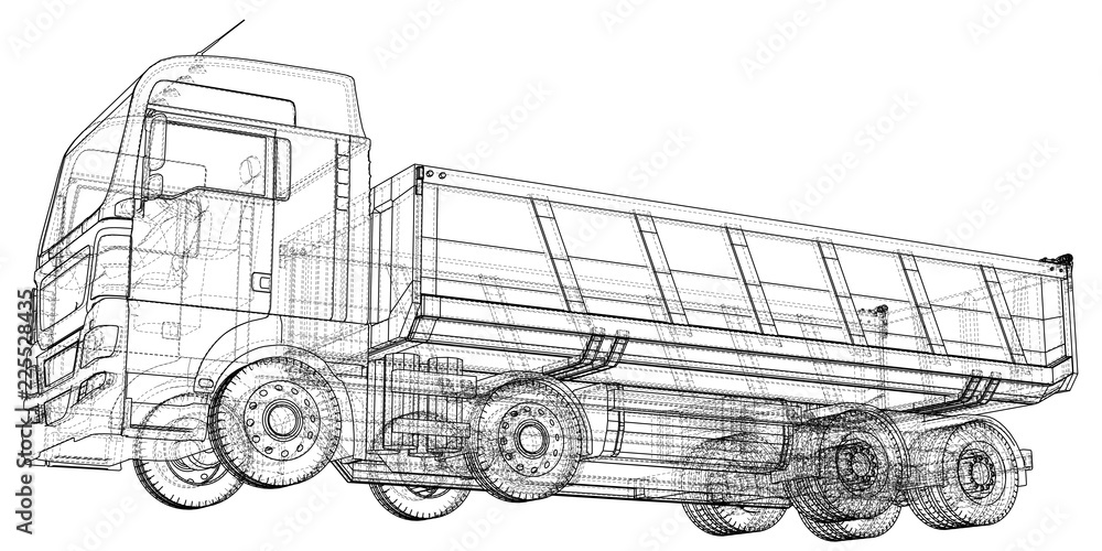 Dump truck sketch. Isolated on white background. Tracing illustration of 3d.