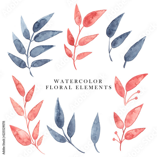Hand drawn watercolor gentle elements for cards and surface design. Artistic decorative floral branches with leaves isolated on white.