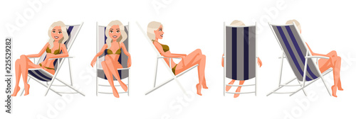 Vector illustration of women in underwear in chaise lounge. Cartoon realistic people. Flat young woman. Front view girl, Side view, Back side view, Isometric view. Slim woman sunbathing in beach chair