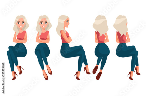 Vector illustration of sitting woman in casual clothes under the white background. Cartoon realistic  people illustration.Flat young woman. Front view girl,Side view , Back side 