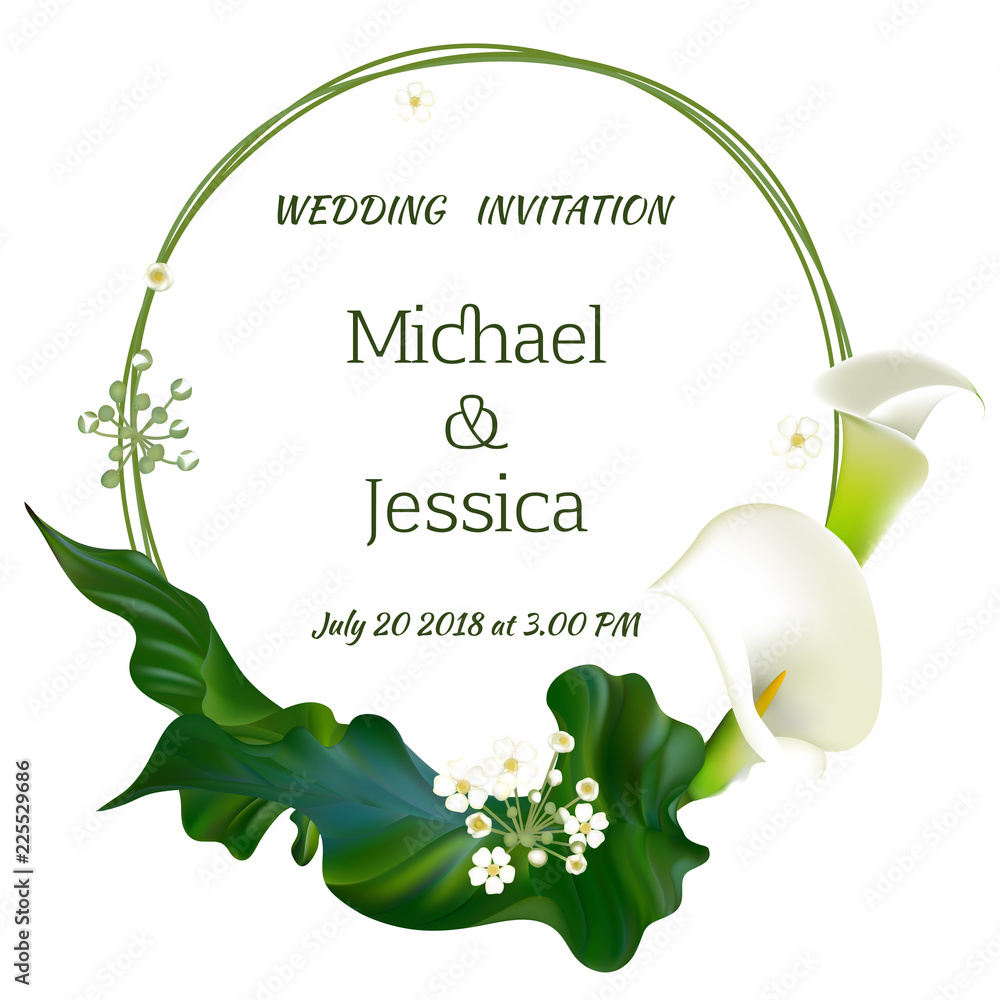 Flowers. Wedding invitation. Floral background. Callas. Green leaves.  Flower pattern. Bouquet. Frame. Stock Vector | Adobe Stock