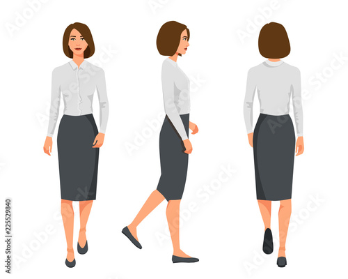 Vector illustration of three walking business woman  in official clothes. Cartoon realistic people illustartion.Flat young woman.Front view girl,Side view girl,Back side of girl