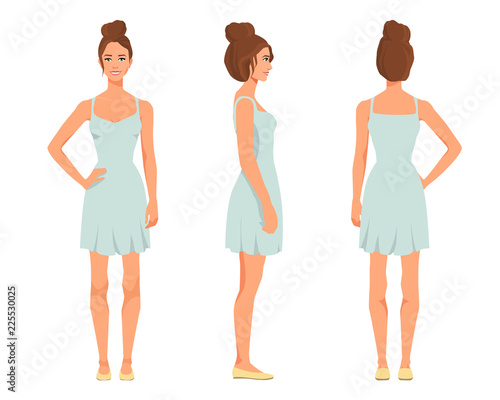 Vector illustration of three smiling girl in mint dress under the white background. Cartoon realistic  people illustration. Flat young woman. Front view girl, Side view girl, Back side view girl