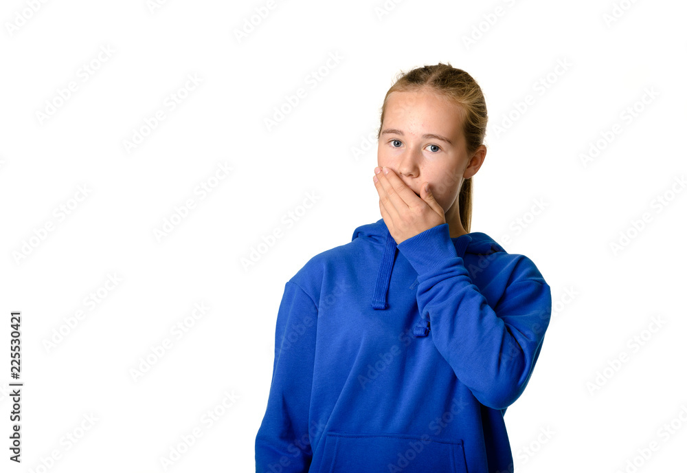 Young teen girl on white background suprised expression Young teen girl on white background suprised expression