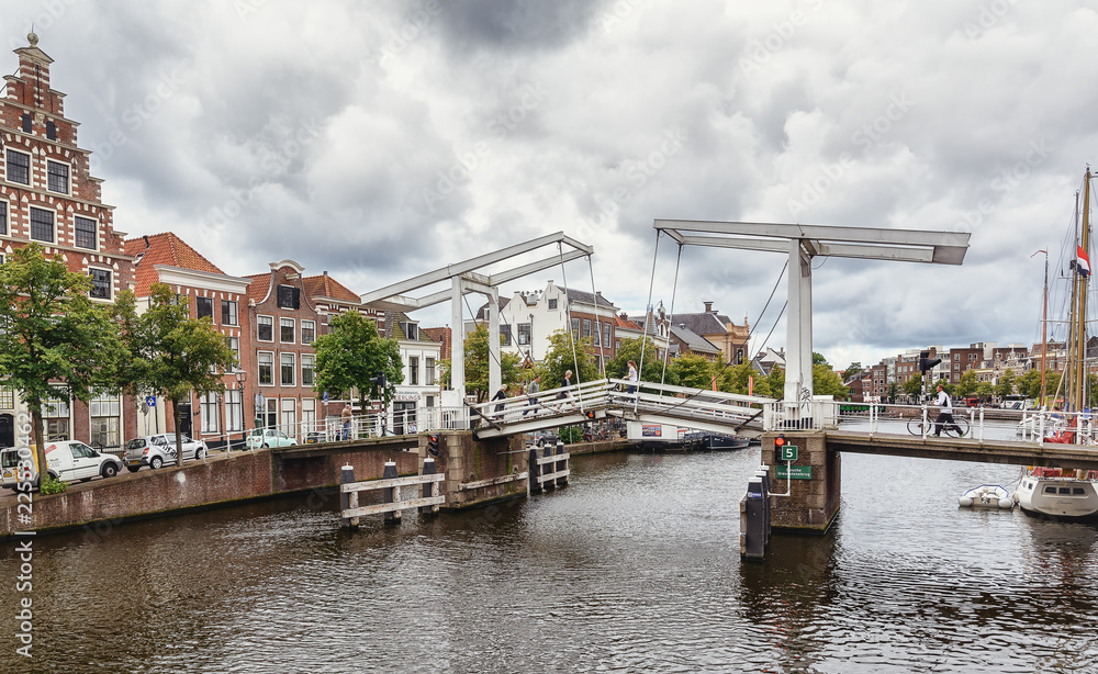 The Gravenstenen bridge over the river Spaarne in the center of Haarlem in the Netherlands