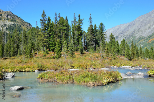 Russia, mountain Altai, river Multa flows from the lower Multinskoe lake