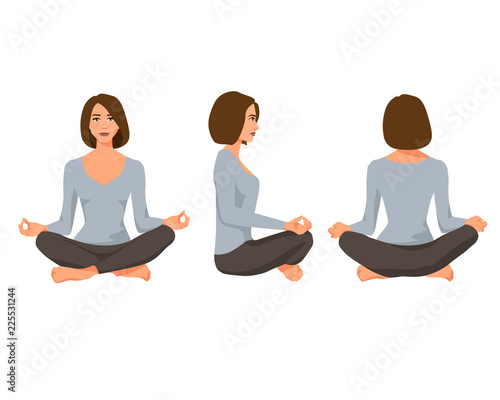 Vector illustration of three girl in lotus position under the white background.Cartoon realistic people illustration practicing yoga.Flat young woman.Front view girl,Side view girl,Back side view girl