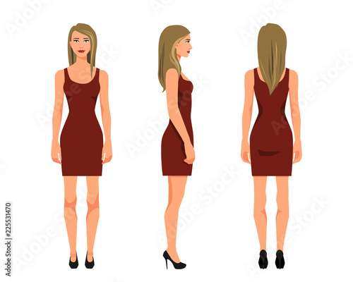 Vector illustration of three girl in red dress under the white background. Cartoon realistic  people illustration. Flat young woman. Front view girl, Side view girl, Back side view girl