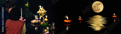 banner design and holiday concept from full moon with reflection in river with people pray and hold kratong made by flower from loykratong festival in thailand culture on november
