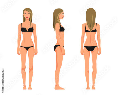 Vector illustration of three girl in underwear on the white background.Vector cartoon realistic people illustration. Flat young woman. Front view girl, Side view girl, Back side view girl