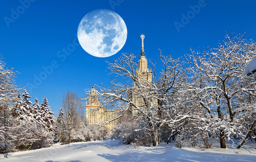 Vibrant full Moon winter collage of famous Russian unversty campus