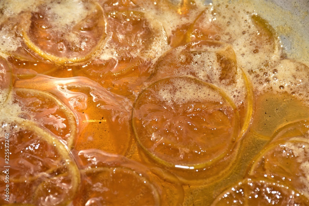 closeup of slice of lemon in frying pan closeup of slice of lemon in frying pan